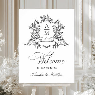 Poster Cimier floral classique Noir & Blanc Mariage Bienv