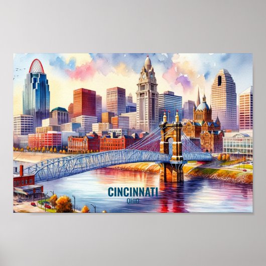 Poster Cincinnati Ohio Famous Travel Places aquarelle (Devant)