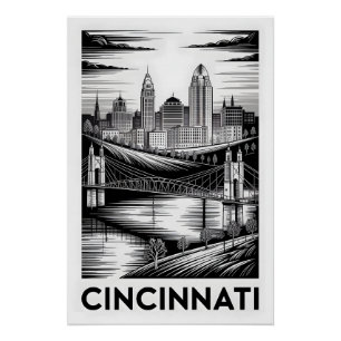 Poster Cincinnati Ohio Skyline Noir et Blanc Gravure sur