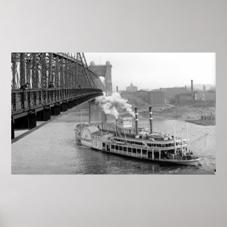 Poster Cincinnati Suspension Bridge et Steamboat 1906 BW