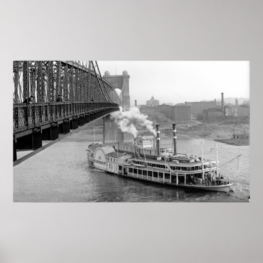 Poster Cincinnati Suspension Bridge et Steamboat 1906 BW (Devant)