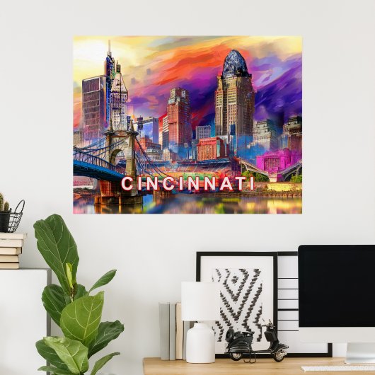 Poster Cincinnati Vibrant Ohio Abstrait Skyline Art (Bureau à domicile)