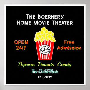 Poster Cinéma Maison Ouvert 24h/24 Popcorn Bière Froide