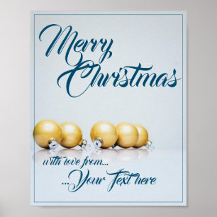 Poster Cinq boules de Noël dorées - écriture bleue