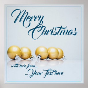 Poster Cinq boules de Noël dorées - écriture bleue