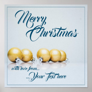 Poster Cinq boules de Noël dorées - écriture bleue