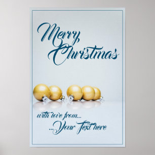 Poster Cinq boules de Noël dorées - écriture bleue