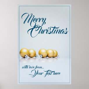Poster Cinq boules dorées de Noël - écriture bleue