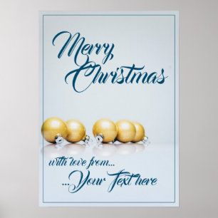 Poster Cinq boules dorées de Noël - écriture bleue