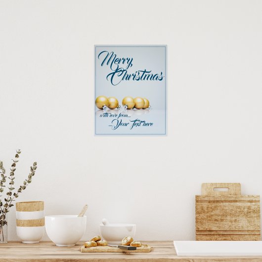 Poster Cinq boules dorées de Noël - écriture bleue (Cuisine)