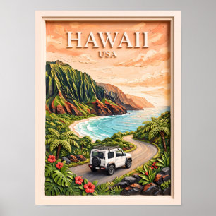 Poster Circuit routier vintage à Hawaii USA, paysage text
