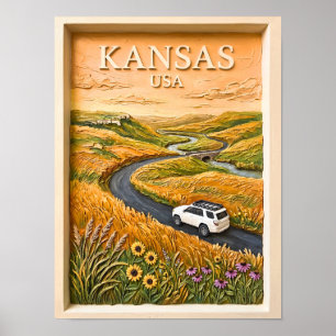 Poster Circuit routier vintage dans la prairie du Kansas,
