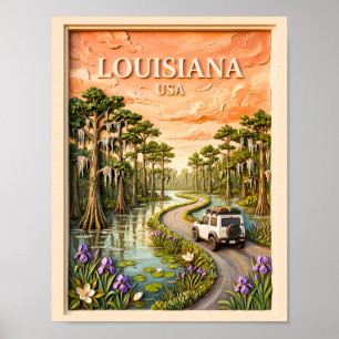 Poster Circuit routier vintage en Louisiane dans le marai