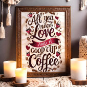 Poster Citation d'amour et de café avec haricots de coeur