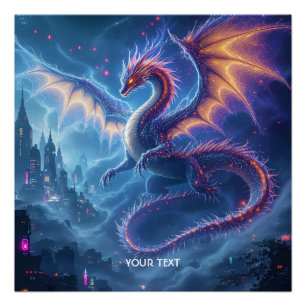 Poster Cité fantastique du dragon bleu mignon