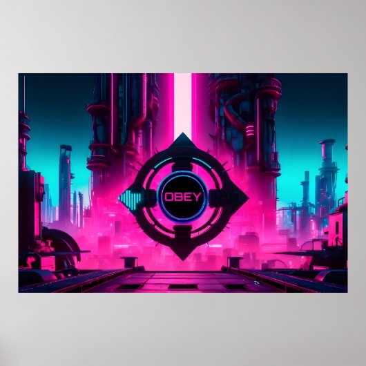 Poster Cité néon Cyberpunk dystopique Obéir Sci-Fi (Devant)