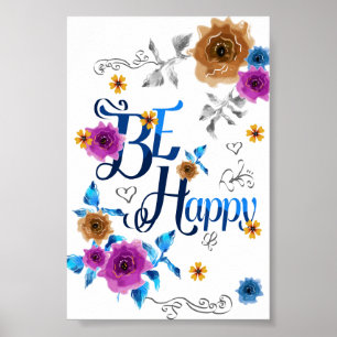 Poster Citez le bonheur positif bleu violet or fleurs