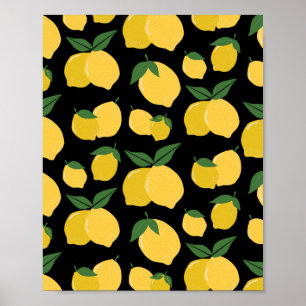 Poster Citron Motif Fruit Rétro Jaune sur Noir