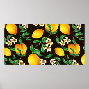 Poster Citron Motif sans couture peint à l'aquarelle
