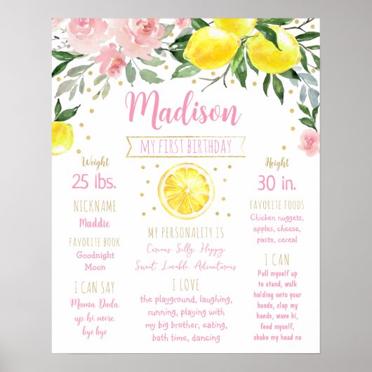 Poster Citron rose or Floral Premier anniversaire Jalon (Devant)