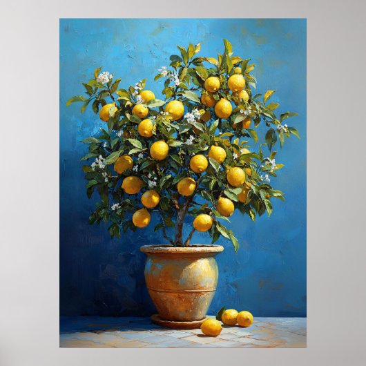 Poster Citronnier en pot de terre cuite avec fleurs (Devant)