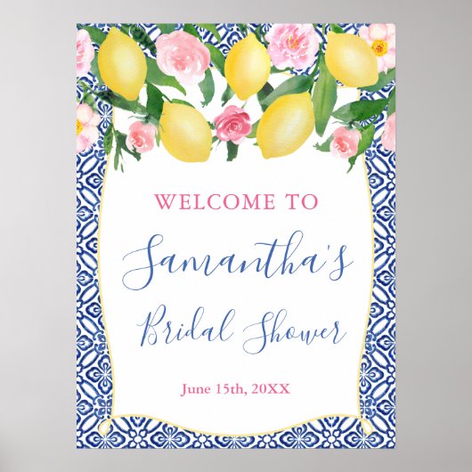 Poster Citrons Amalfi Fleurs Roses Carrelage Bleu Enterre (Devant)