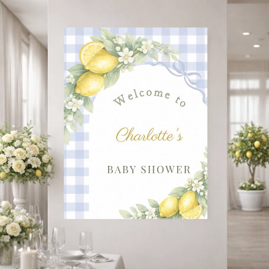 Poster Citrons Baby Shower nœud gingham bleu garçon bienv