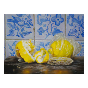 Poster Citrons et Azulejos — Nature morte classique bleu