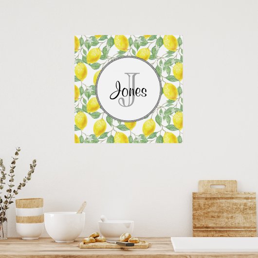 Poster Citrons jaunes avec Monogramme Motif vert (Cuisine)