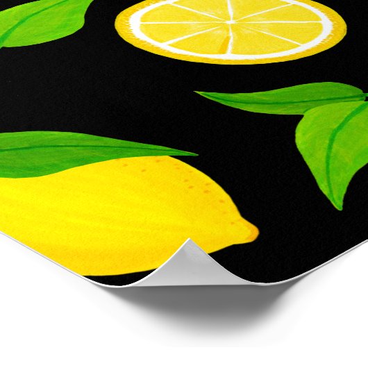 Poster Citrons jaunes d'été avec Feuilles verts sur noir (Coin)