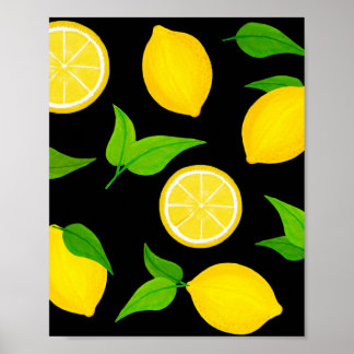 Poster Citrons jaunes d'été avec Feuilles verts sur noir