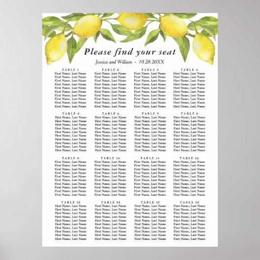 Poster Citrons & verdure 16 Tables Mariage CHART DE SIÈGE (Devant)