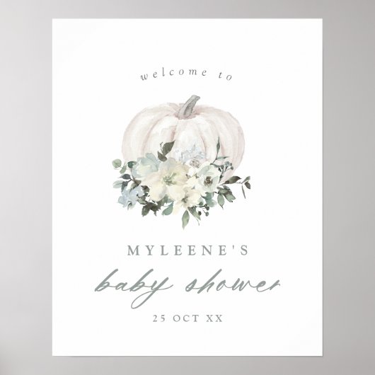 Poster Citrouille blanc et Fleurs Baby shower Bienvenue (Devant)