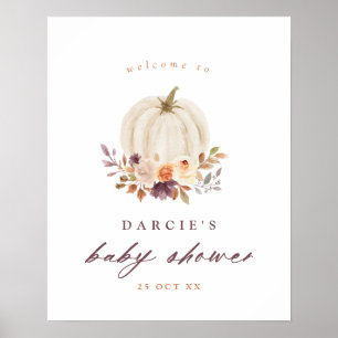 Poster Citrouille blanc & Fleurs violettes Baby shower Bi