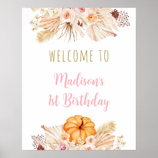 Poster Citrouille Boho Floral Anniversaire Bienvenue (Devant)