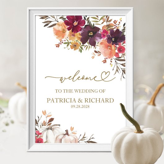 Poster Citrouille Bourgogne Floral Mariage de automne Bie