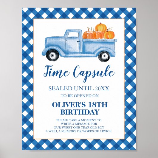 Poster Citrouille Camion bleu 1er Anniversaire Heure Caps (Devant)