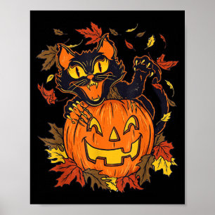 Poster Citrouille de chat noir vintage Halloween automne