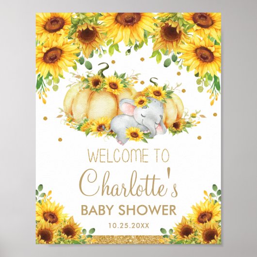 Poster Citrouille de tournesol Elephant Baby shower Bienv (Devant)