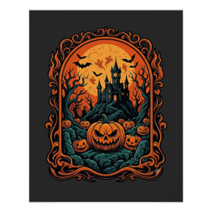 Poster Citrouille d'Halloween Maison Hantée Pleine Lune C