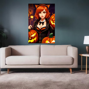Poster Citrouille et femme avec oreilles de chat Art AI