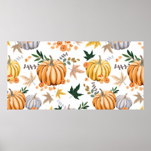 Poster Citrouille orange d'automne et fleurs motif