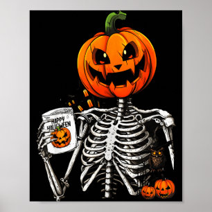 Poster Citrouille squelette buvant du café Costume Hallow