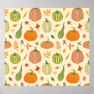 Poster Citrouille vert et orange, motif sans soudure.