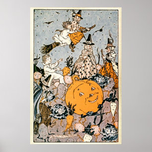 Poster Citrouille vintage d'Halloween et sorcières avec s