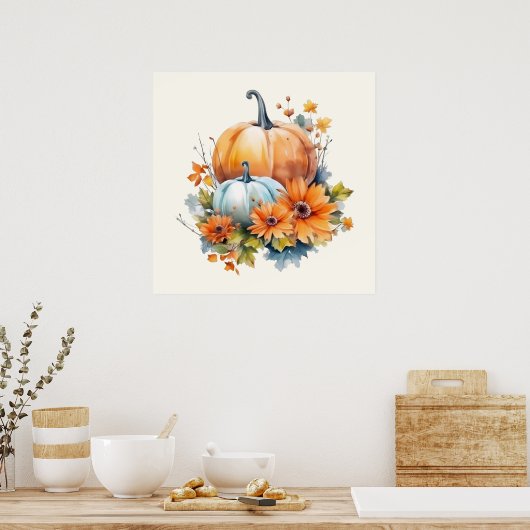 Poster Citrouilles d'automne avec Fleurs et Foliage (Cuisine)
