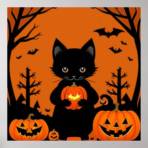 Poster Citrouilles d'Halloween de chat noir mignon effray