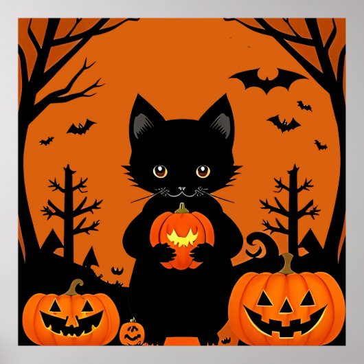Poster Citrouilles d'Halloween de chat noir mignon effray (Devant)