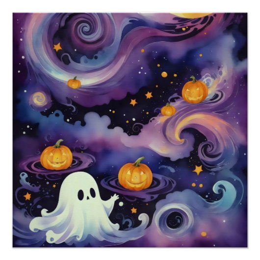 Poster Citrouilles d'Halloween et fantôme étoilé (Devant)