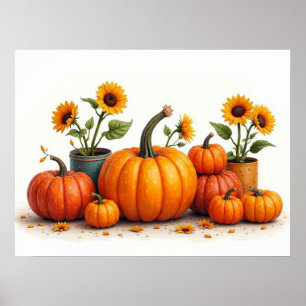 Poster Citrouilles et tournesols, les couleurs de l'autom